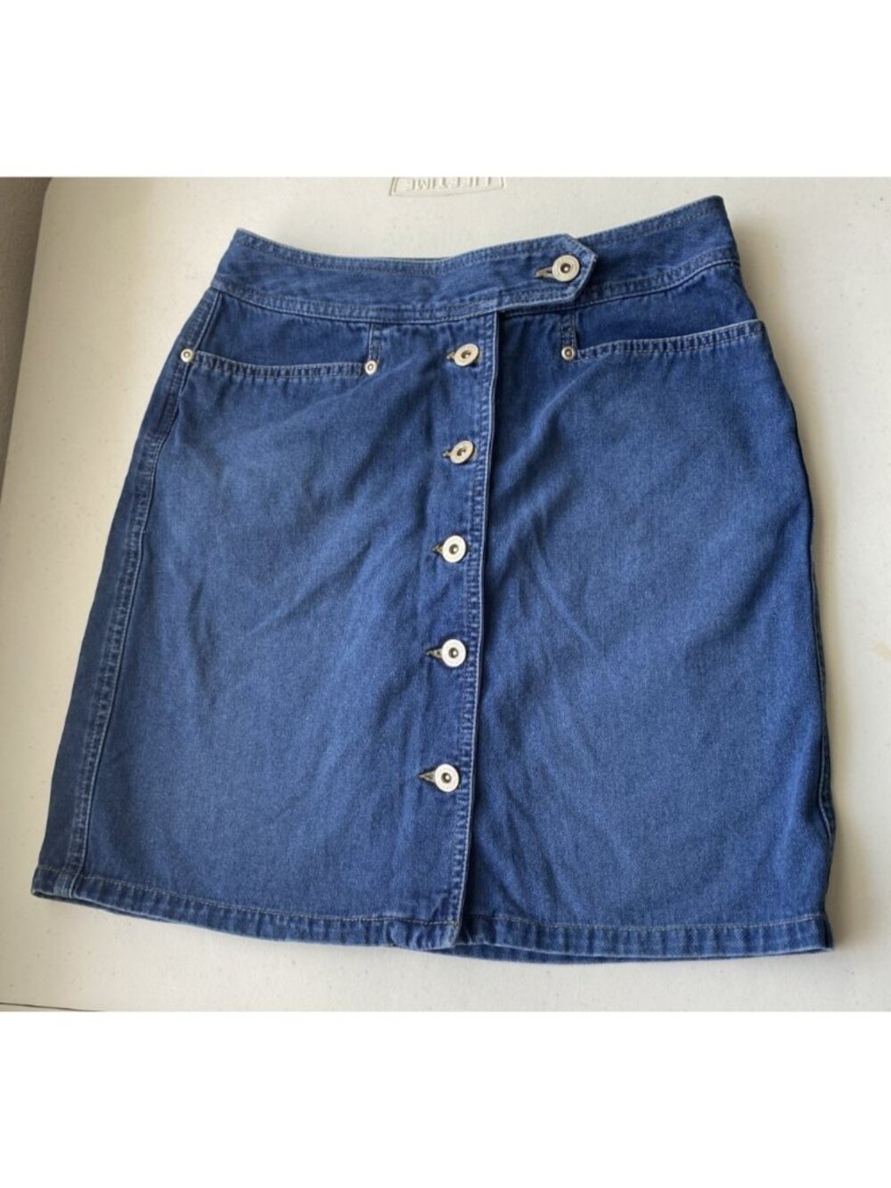 Liz Claiborne Size 4 Skirt Blue Stretch Denim Button Front 100% Cotton